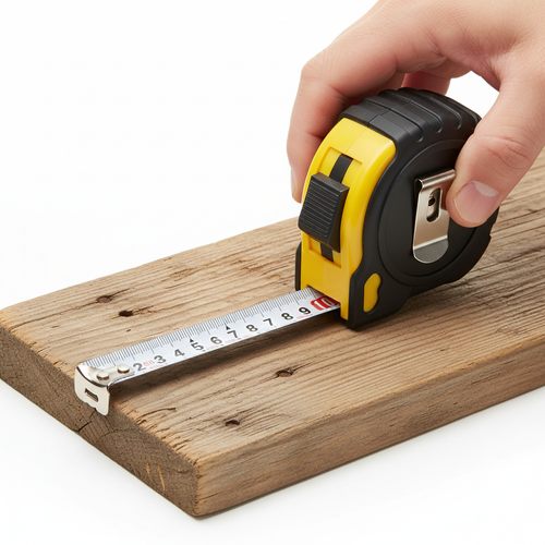 Tape measure in use measuring wooden plank