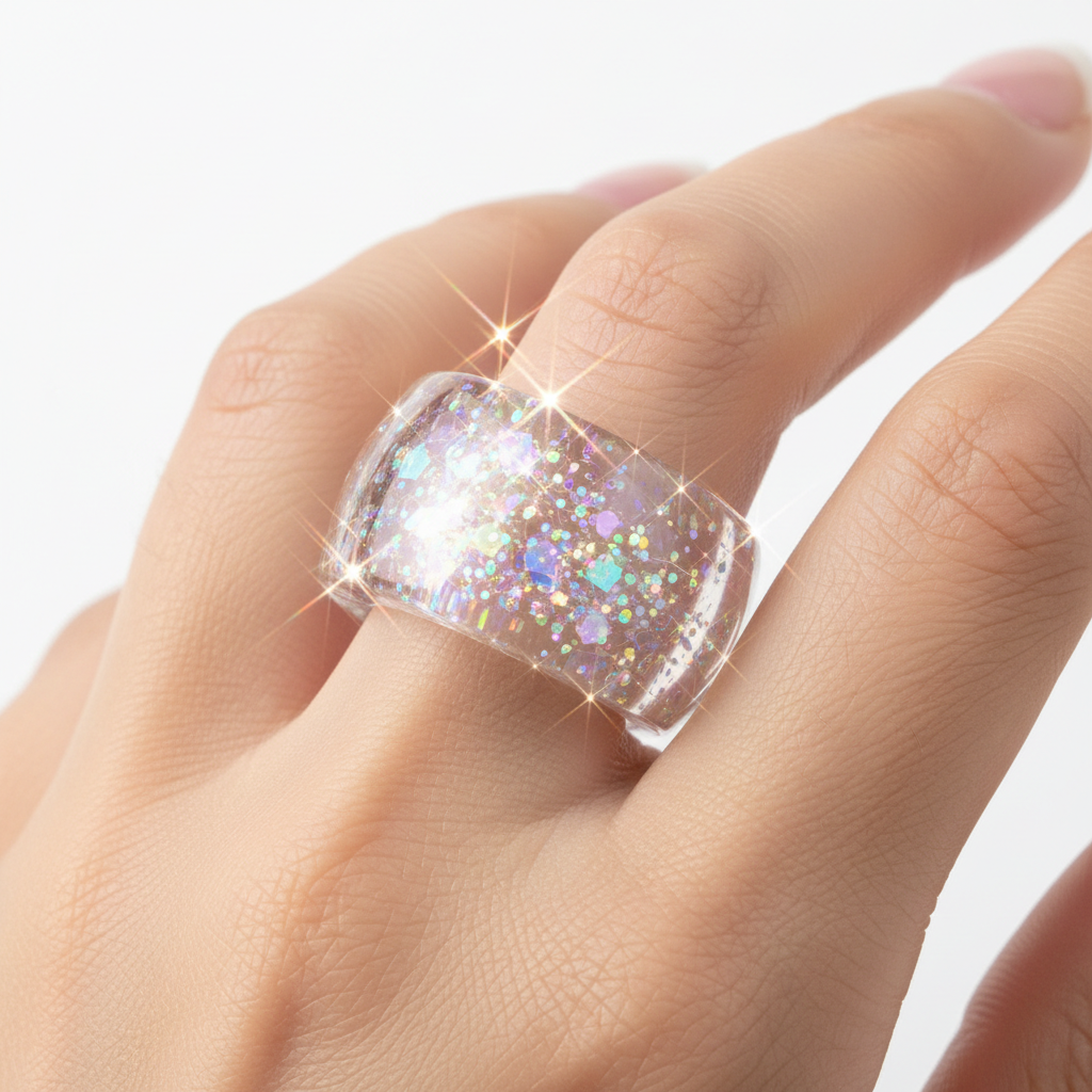Glitter ring on finger with sparkling light effect