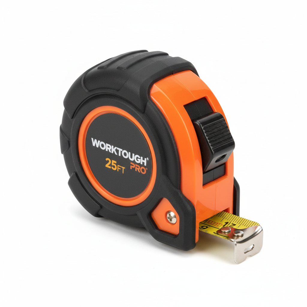 Heavy-duty tape measure front ergonomic grip view