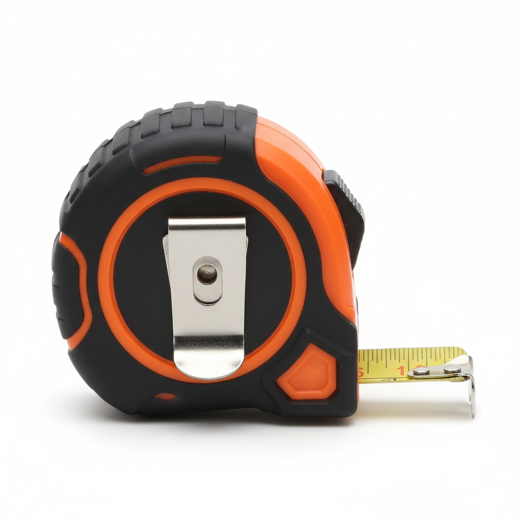 Contractor tape measure showing locking mechanism and belt clip